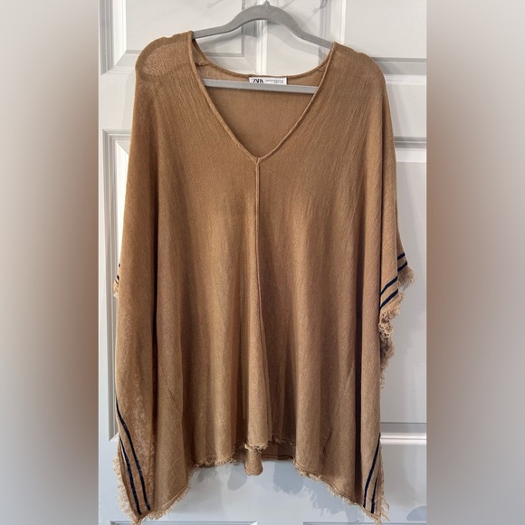 Zara Linen V Neck Poncho Sweater Sz S Oversized Southwestern Fringe Boho Hippie - Picture 1 of 7